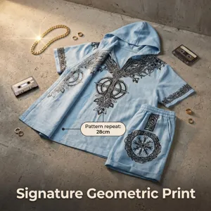 Mens linen-feel viking tree of life hooded short sleeve shirt and shorts set casual streetwear