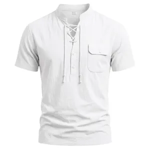 Men's casual short sleeve linen henley shirt with lace-up neck, pocket and solid white design.