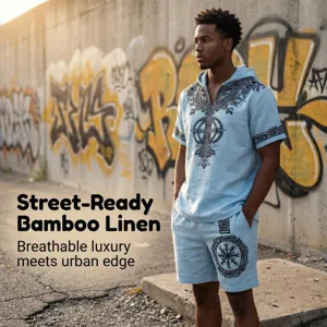 Men linen short sleeve hooded shirt and shorts set with Viking tree print streetwear casual