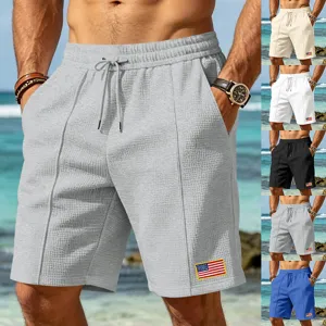 Men's Casual Waffle Beach Shorts Elastic Drawstring Sport Summer Five-Point Shorts.