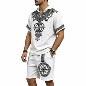 Men's Viking Tree of Life printed hooded short sleeve shirt and shorts set for summer style.