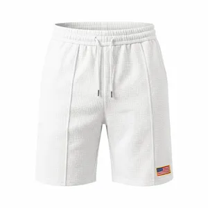 Men's white waffle knit casual shorts summer beach sports shorts with flag patch
