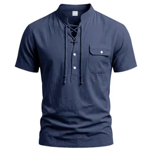 Men's casual short sleeve linen henley shirt featuring lace-up v-neck and chest pocket.