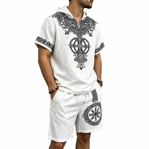 Men Viking Norse Tree of Life Hoodie Shorts Set Casual Linen Blend Short Sleeve Outfit