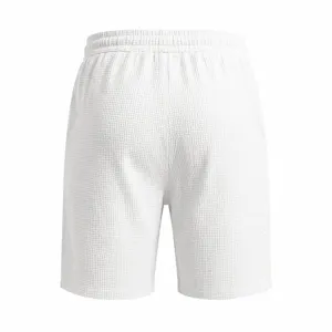 Detailed back view of men white waffle knit casual sports shorts comfortable fabric.