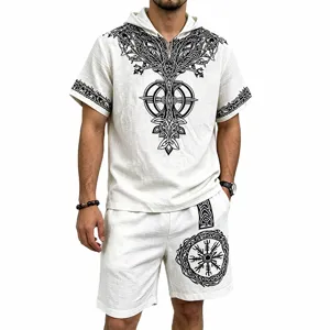 Men's Viking Tree of Life Linen-feel Short Sleeve Hoodie and Shorts Casual Set