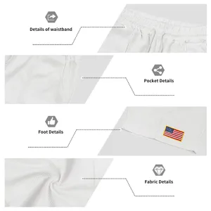 White waffle knit shorts detail view showing waistband, pocket, hem patch and fabric.