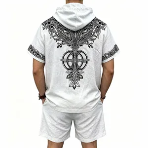 Men's slub linen Viking tree of life print hooded short sleeve shorts set casual summer outfit