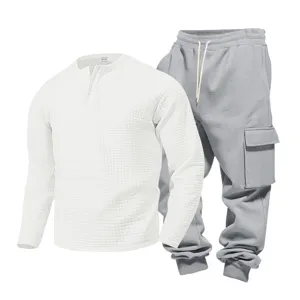 Men's waffle long sleeve henley shirt and grey cargo sweatpants casual two piece set.