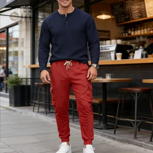 Men's casual waffle knit henley shirt and cargo sweatpants set for stylish daily wear.