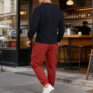 Men fall vintage casual waffle long sleeve top and red cargo sweatpants set streetwear