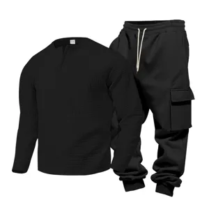 Men's casual waffle henley shirt and cargo sweatpants tracksuit set for the autumn season.