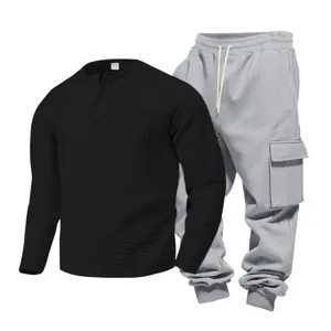Men casual waffle long sleeve henley shirt and cargo sweatpants set for autumn spring.