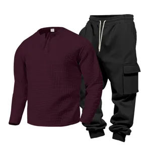 Mens waffle knit henley shirt and cargo sweatpants set casual long sleeve outfit.