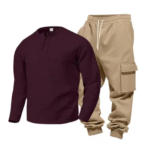 Men waffle long sleeve henley shirt and khaki cargo pants set casual two piece outfit
