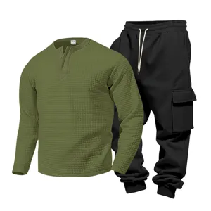 Men casual 2-piece outfit set, army green waffle henley shirt and black cargo pants.