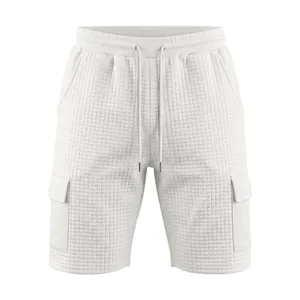 White waffle texture cargo shorts detail view, featuring side pockets and adjustable drawstring.