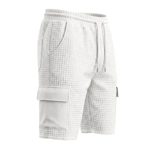 Close-up detail of white men's waffle cargo shorts featuring side utility pockets and drawstring.