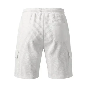 Men's white waffle knit cargo shorts with multi-pockets, casual summer outdoor wear.