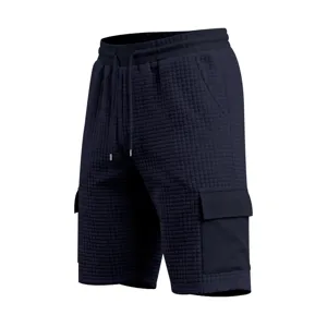 Waffle knit detail, men's casual cargo shorts, elastic drawstring waist, multiple pockets.