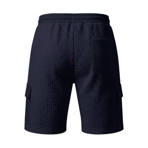 Men's waffle knit cargo shorts detail view, featuring back pocket and dual side cargo pockets.