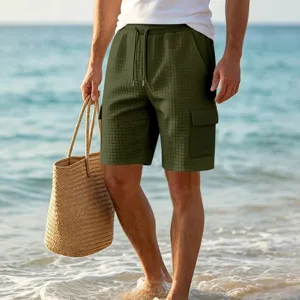 Men's summer casual waffle cargo shorts with drawstring and multi pockets for outdoor beach