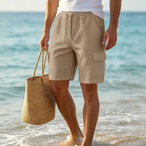 Men's casual grid cargo shorts summer beach outdoor loose fit drawstring shorts