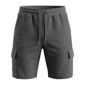 Men's grey waffle knit cargo shorts, casual outdoor loose fit multi-pocket summer shorts.