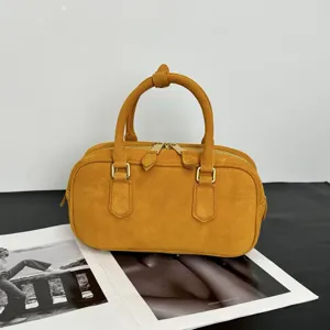 Damen Vintage Wildleder Boston Tasche Lässige Top Griff Handtasche Einfarbig Reißverschluss Umhängetasche