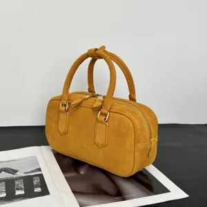 Klassische gelbe Wildleder Bowling Handtasche Henkeltasche stilvolle Umhängetasche