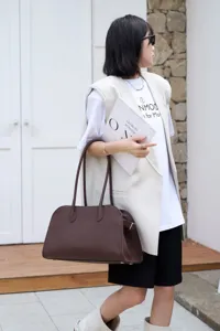 Brown litchi grain cowhide tote bag, long handle fashion shoulder handbag for women.