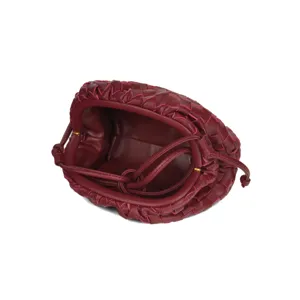 Burgundy woven leather clutch bag stylish shoulder crossbody mini dumpling bag detail view