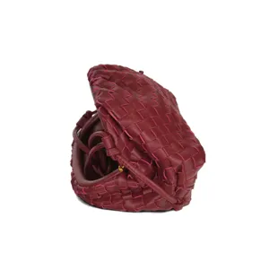 Burgundy woven leather pouch bag stylish minimalist shoulder crossbody clutch purse small size