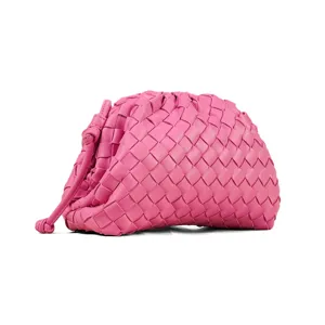 Pink woven leather clutch bag stylish cloud handbag shoulder crossbody small purse for women