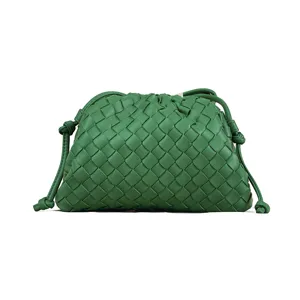 Green woven leather cloud pouch shoulder crossbody handbag stylish clutch design bag