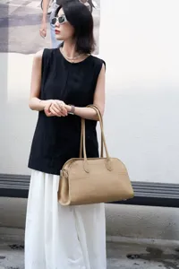 Stylish women litchi grain cowhide east west tote bag, elegant long handle leather shoulder handbag.