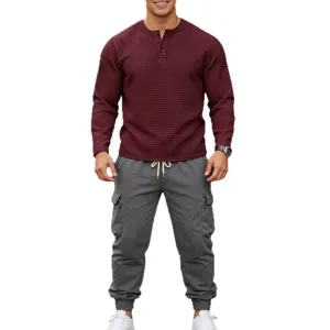 Men's waffle long sleeve henley shirt and casual cargo pants vintage two piece outfit set