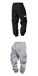 Dettaglio pantaloni cargo felpati invernali, pantaloni tuta streetwear tasche.