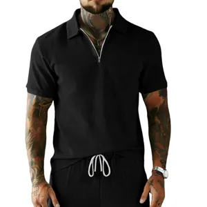 Ensemble haut polo noir côtelé zippé et pantalon homme été casual manches courtes