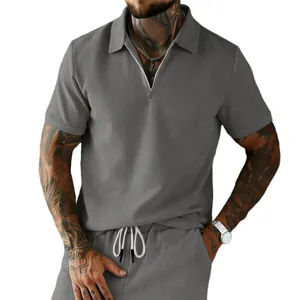 Chemise polo vintage en velours côtelé à fermeture éclair pour homme haut d'été vue détaillée.
