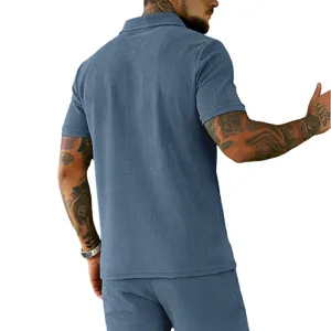 Ensemble polo à manches courtes et short en velours côtelé vintage pour homme bleu
