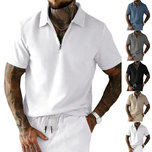 Chemise Polo à Manches Courtes en Velours Côtelé Vintage Décontracté pour Homme Revers à Fermeture Éclair Haut Ample d'Été