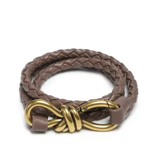 Damen brauner geflochtener Ledergürtel mit elegantem Goldknotenverschluss für Kleider Accessoire