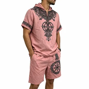 Men's Viking Tree of Life linen-feel hoodie shorts set, detailed Norse rune print outfit.