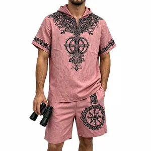 Men Viking Tree of Life Print Hoodie Short Sleeve Shirt and Shorts Summer Outfit