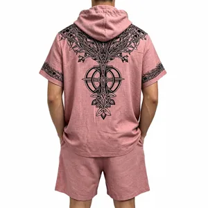 Men pink short sleeve hoodie shorts set with Viking tree of life back print and linen texture.