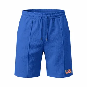 Men waffle knit athletic shorts casual summer beach drawstring pants with flag patch blue