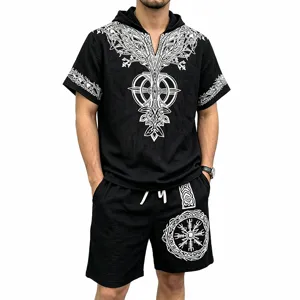 Men's Norse Viking Tree of Life Short Sleeve Hoodie and Shorts Set Casual Black Outfit
