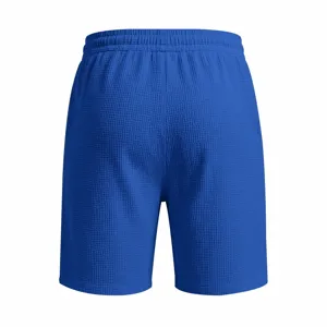 Detail view showing the back texture and elastic drawstring waistband of blue waffle shorts.