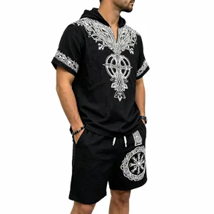 Close-up view of Viking Yggdrasil tree print detail on black hooded shirt and shorts set.